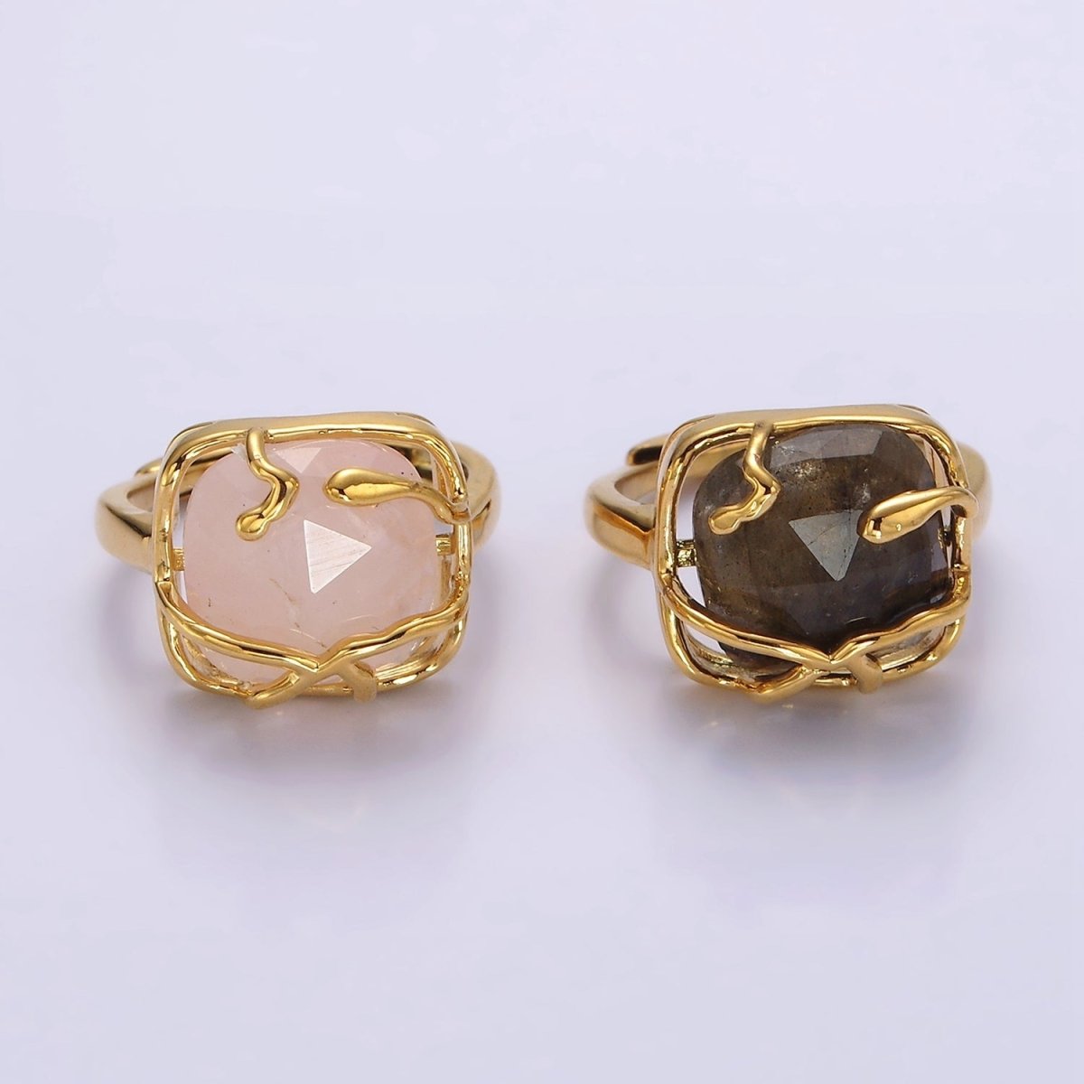 16K Gold Filled Rose Quartz, Labradorite Multifaceted Gemstone Molten Drip Ring | O-610 O-611
