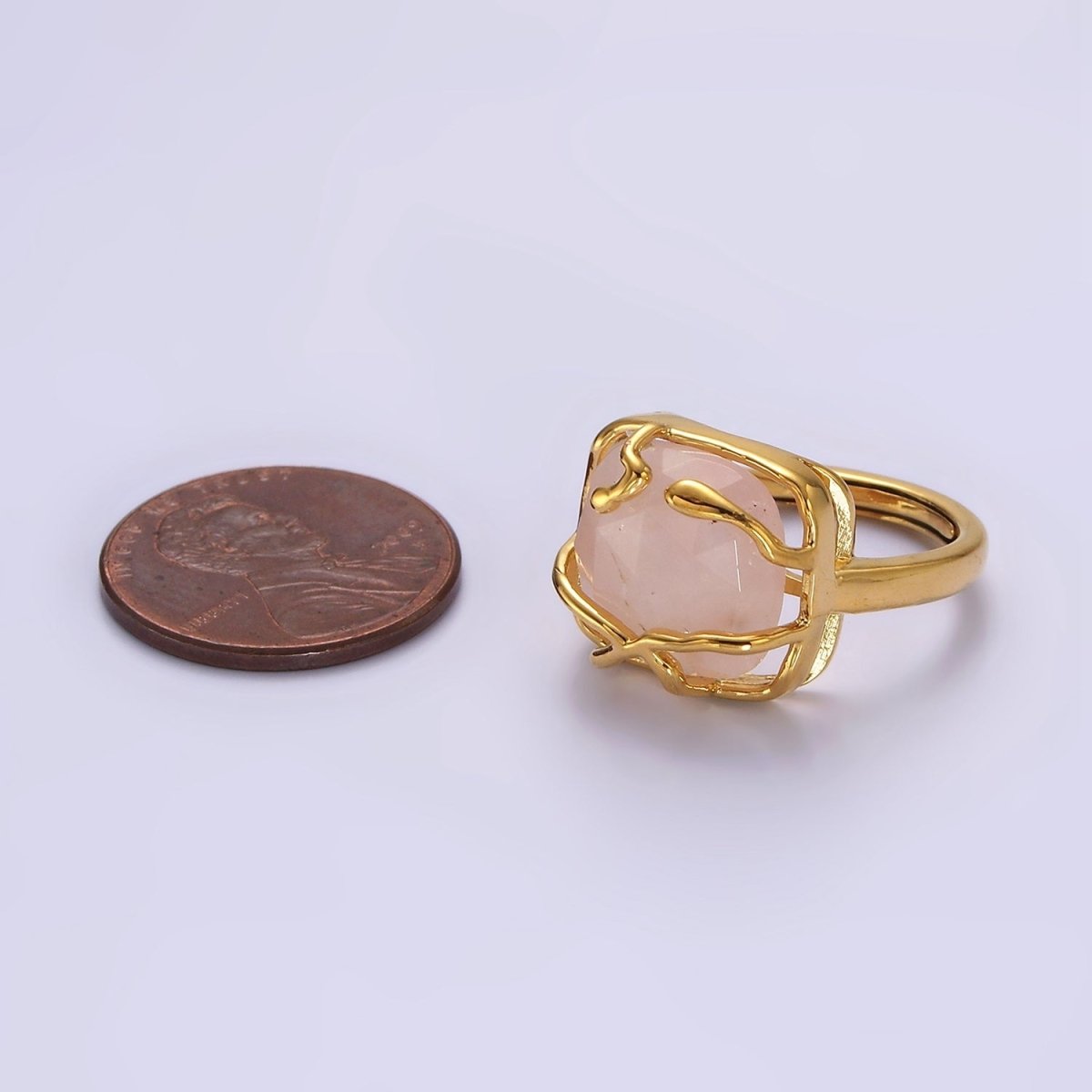 16K Gold Filled Rose Quartz, Labradorite Multifaceted Gemstone Molten Drip Ring | O-610 O-611
