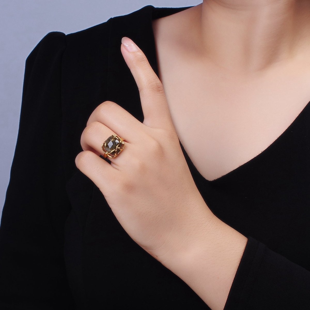 16K Gold Filled Rose Quartz, Labradorite Multifaceted Gemstone Molten Drip Ring | O-610 O-611