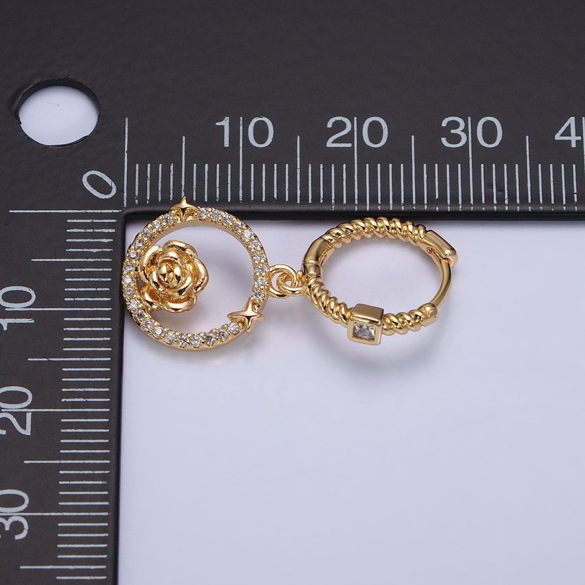 16K Gold Filled Rose Star Open Micro Paved Round Drop Twisted Square CZ Huggie Earrings in Gold & Silver | AB804 AB805