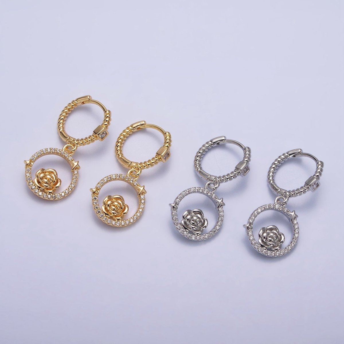 16K Gold Filled Rose Star Open Micro Paved Round Drop Twisted Square CZ Huggie Earrings in Gold & Silver | AB804 AB805