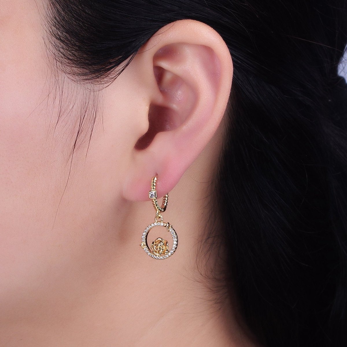16K Gold Filled Rose Star Open Micro Paved Round Drop Twisted Square CZ Huggie Earrings in Gold & Silver | AB804 AB805