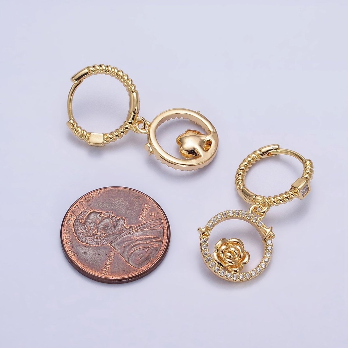 16K Gold Filled Rose Star Open Micro Paved Round Drop Twisted Square CZ Huggie Earrings in Gold & Silver | AB804 AB805