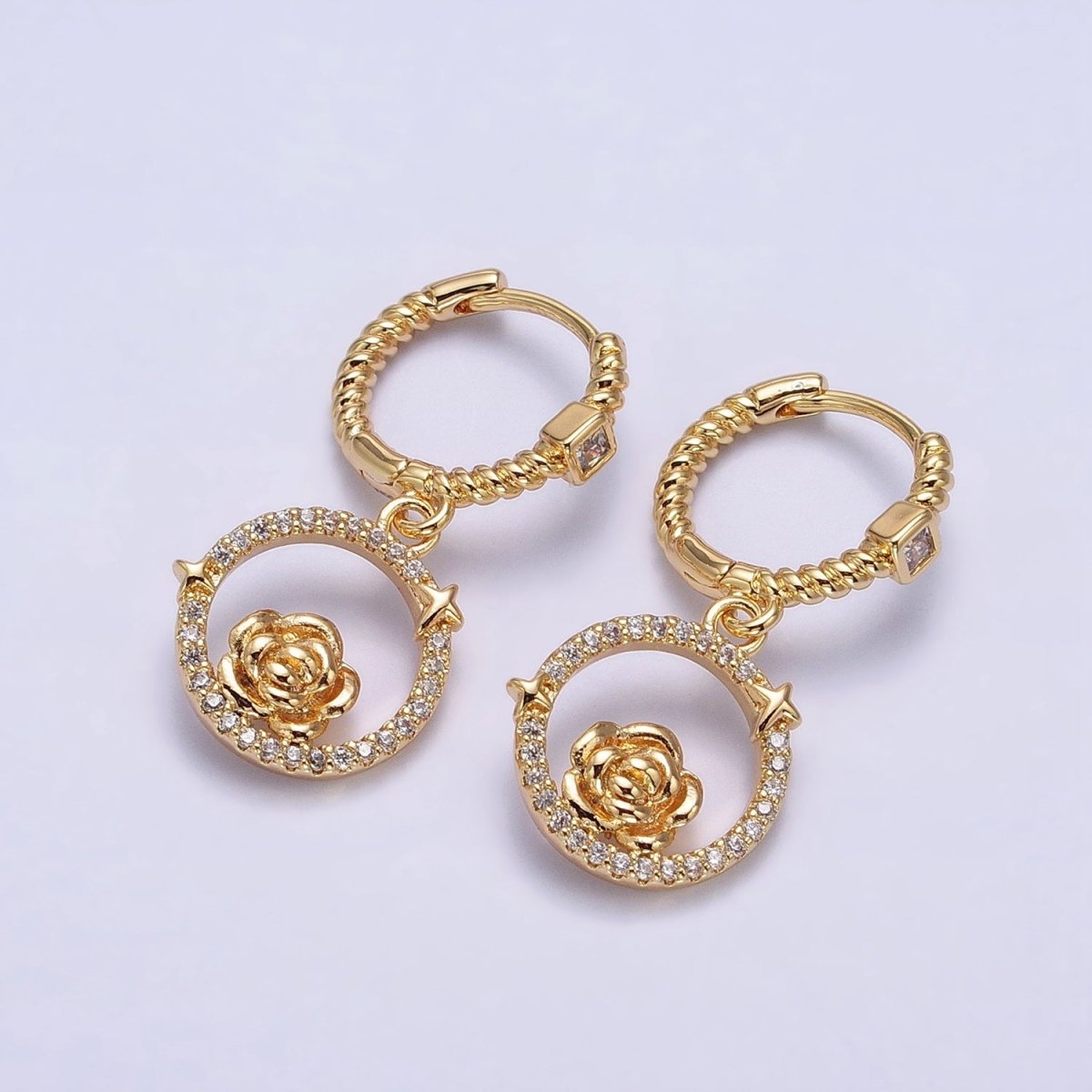 16K Gold Filled Rose Star Open Micro Paved Round Drop Twisted Square CZ Huggie Earrings in Gold & Silver | AB804 AB805