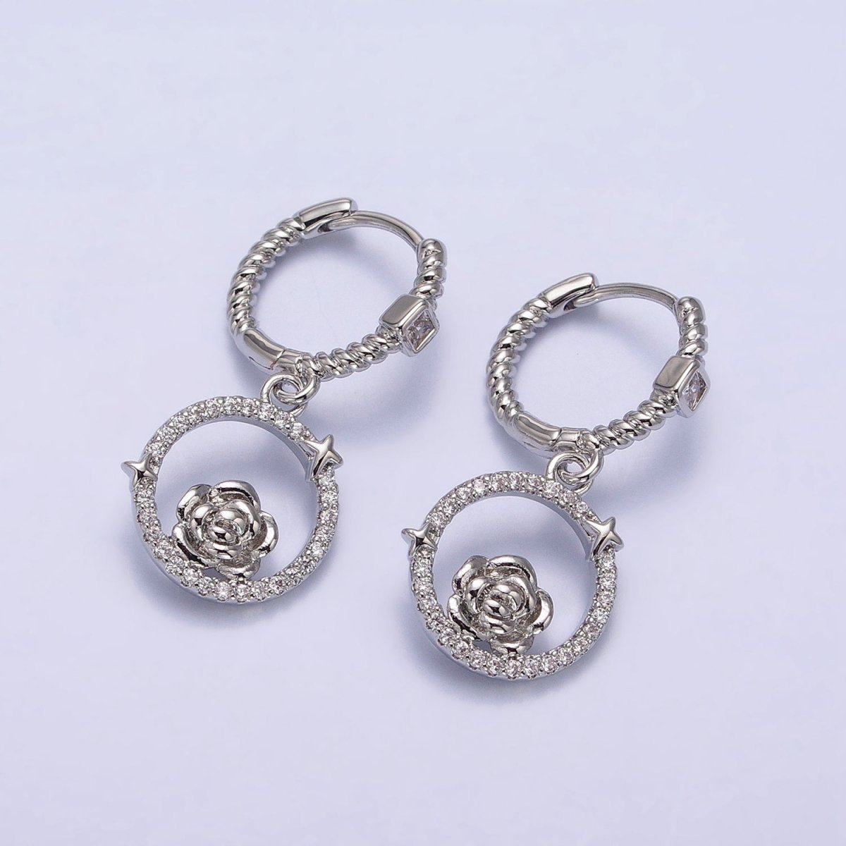 16K Gold Filled Rose Star Open Micro Paved Round Drop Twisted Square CZ Huggie Earrings in Gold & Silver | AB804 AB805