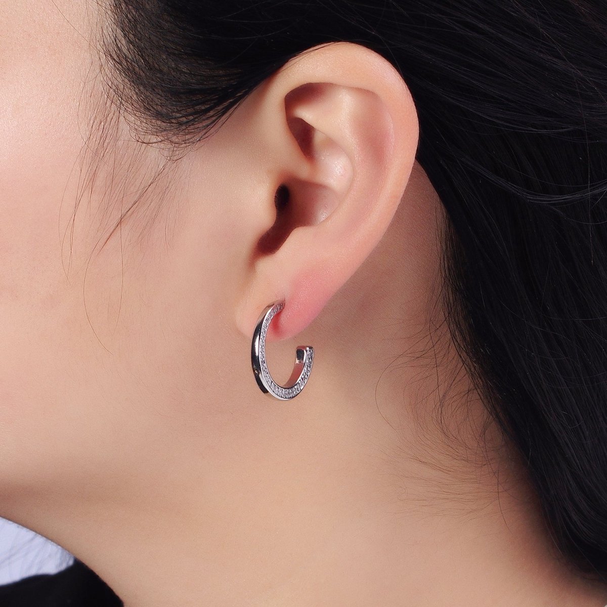 16K Gold Filled Round CZ Lined 20mm, 30mm C-Shaped Hoop Earrings in Gold & Silver | AB518 AB519 AB528 AB529