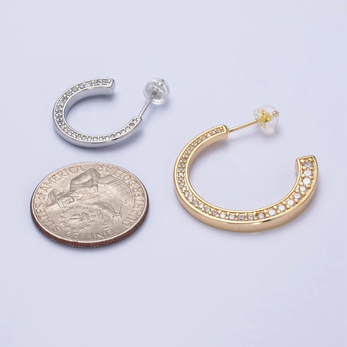 16K Gold Filled Round CZ Lined 20mm, 30mm C-Shaped Hoop Earrings in Gold & Silver | AB518 AB519 AB528 AB529