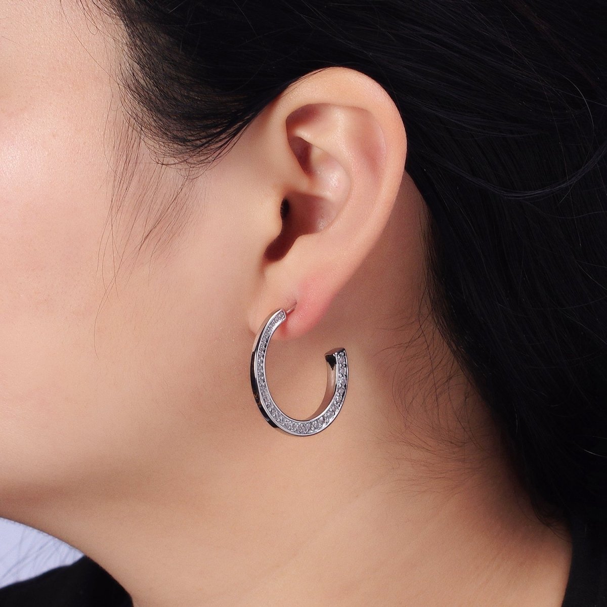 16K Gold Filled Round CZ Lined 20mm, 30mm C-Shaped Hoop Earrings in Gold & Silver | AB518 AB519 AB528 AB529