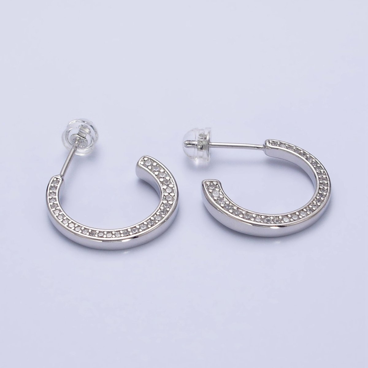 16K Gold Filled Round CZ Lined 20mm, 30mm C-Shaped Hoop Earrings in Gold & Silver | AB518 AB519 AB528 AB529