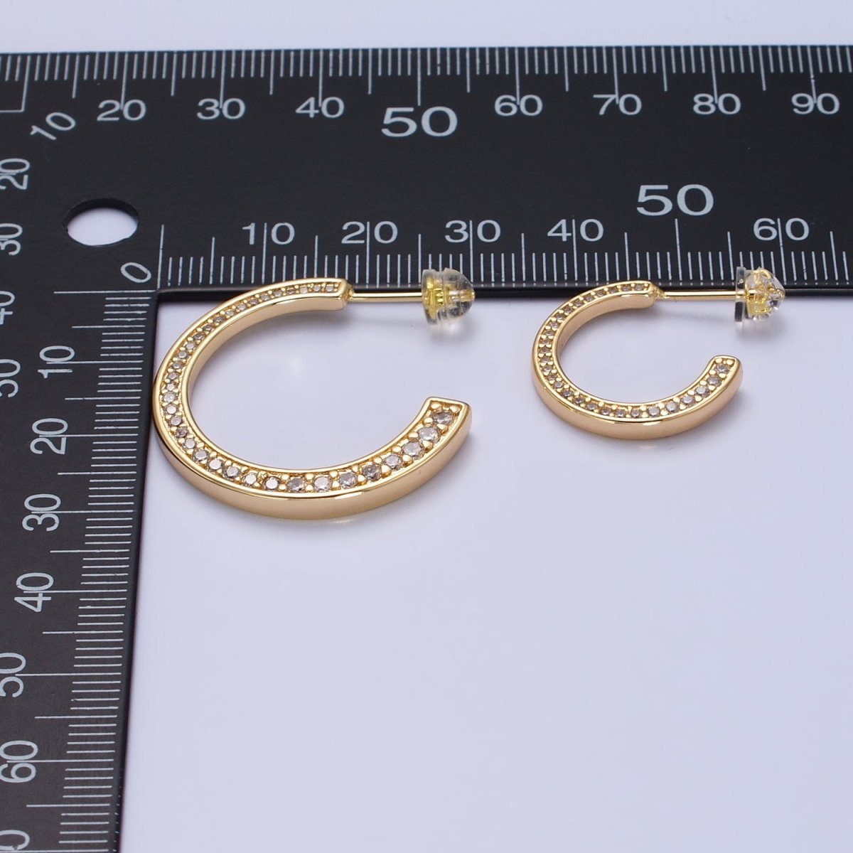 16K Gold Filled Round CZ Lined 20mm, 30mm C-Shaped Hoop Earrings in Gold & Silver | AB518 AB519 AB528 AB529