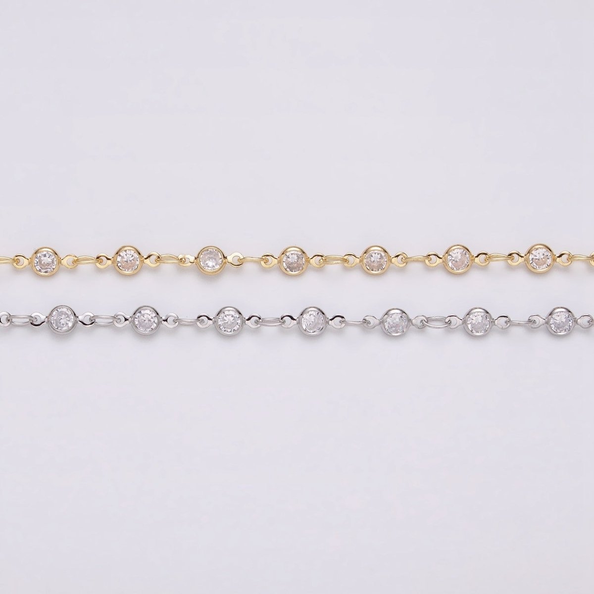 16K Gold Filled Round Diamond Bezel Cut Chain by Yard, Station CZ Chain by Yard for Necklace Bracelet Jewelry Making | ROLL-1337 ROLL-1338