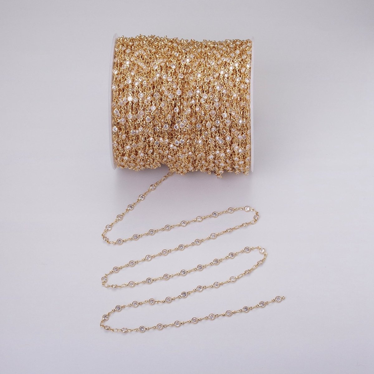 16K Gold Filled Round Diamond Bezel Cut Chain by Yard, Station CZ Chain by Yard for Necklace Bracelet Jewelry Making | ROLL-1337 ROLL-1338