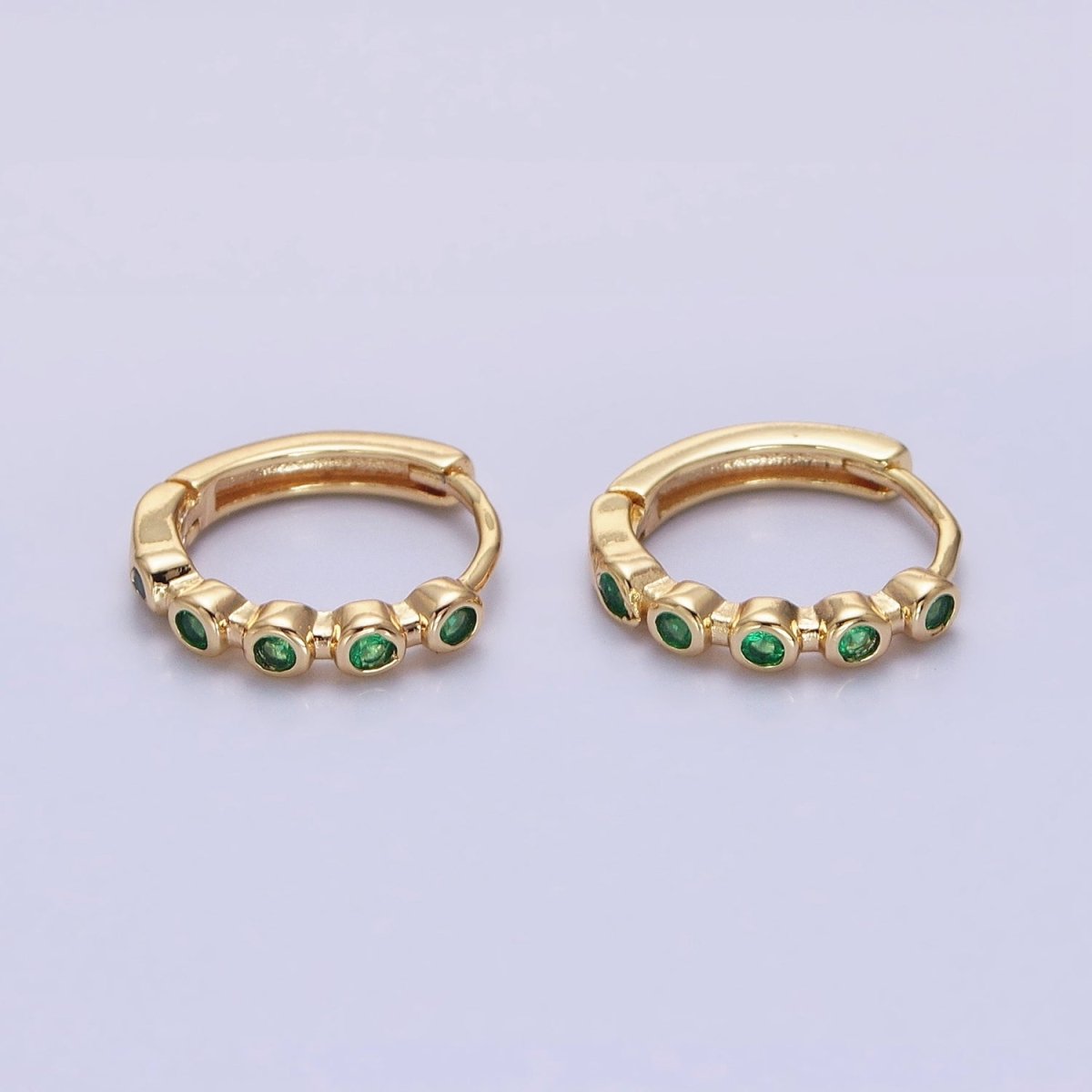 16K Gold Filled Round Green CZ Lined 12.5mm Huggie Earrings in Gold & Silver | AB1445 AB1446