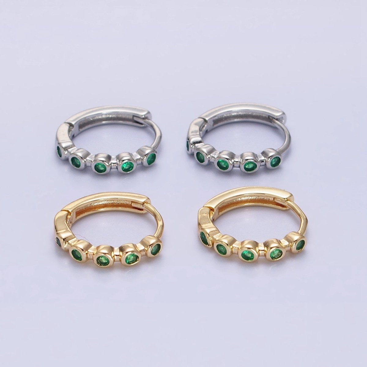 16K Gold Filled Round Green CZ Lined 12.5mm Huggie Earrings in Gold & Silver | AB1445 AB1446