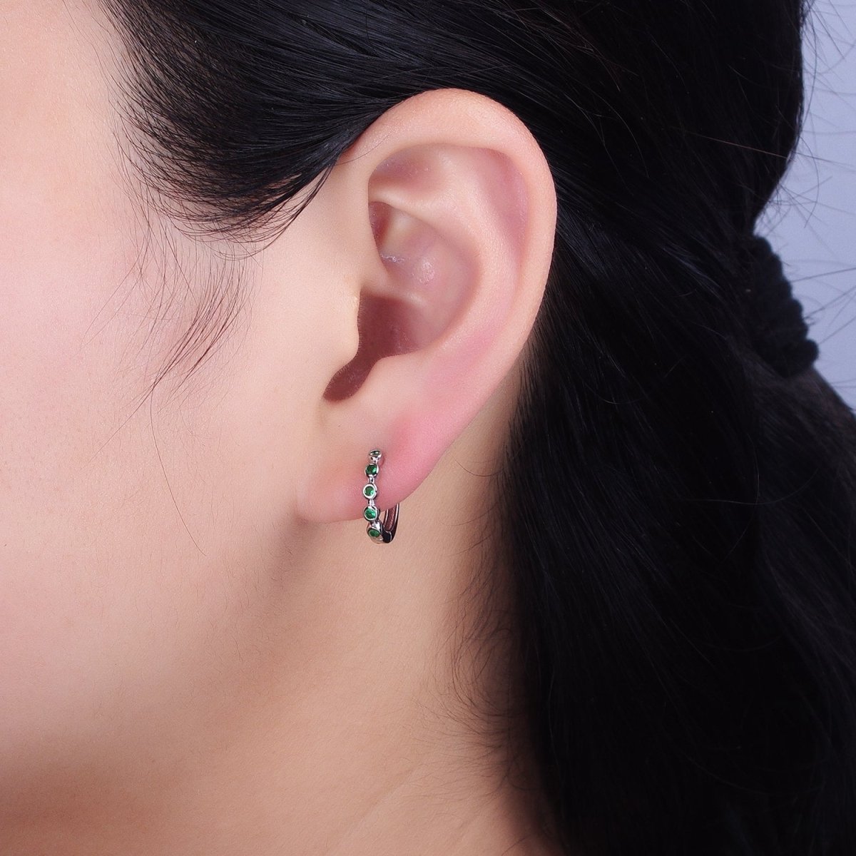 16K Gold Filled Round Green CZ Lined 12.5mm Huggie Earrings in Gold & Silver | AB1445 AB1446