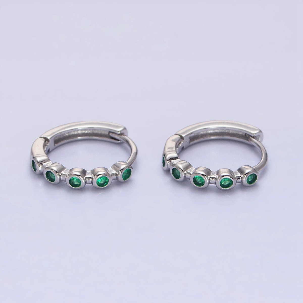 16K Gold Filled Round Green CZ Lined 12.5mm Huggie Earrings in Gold & Silver | AB1445 AB1446
