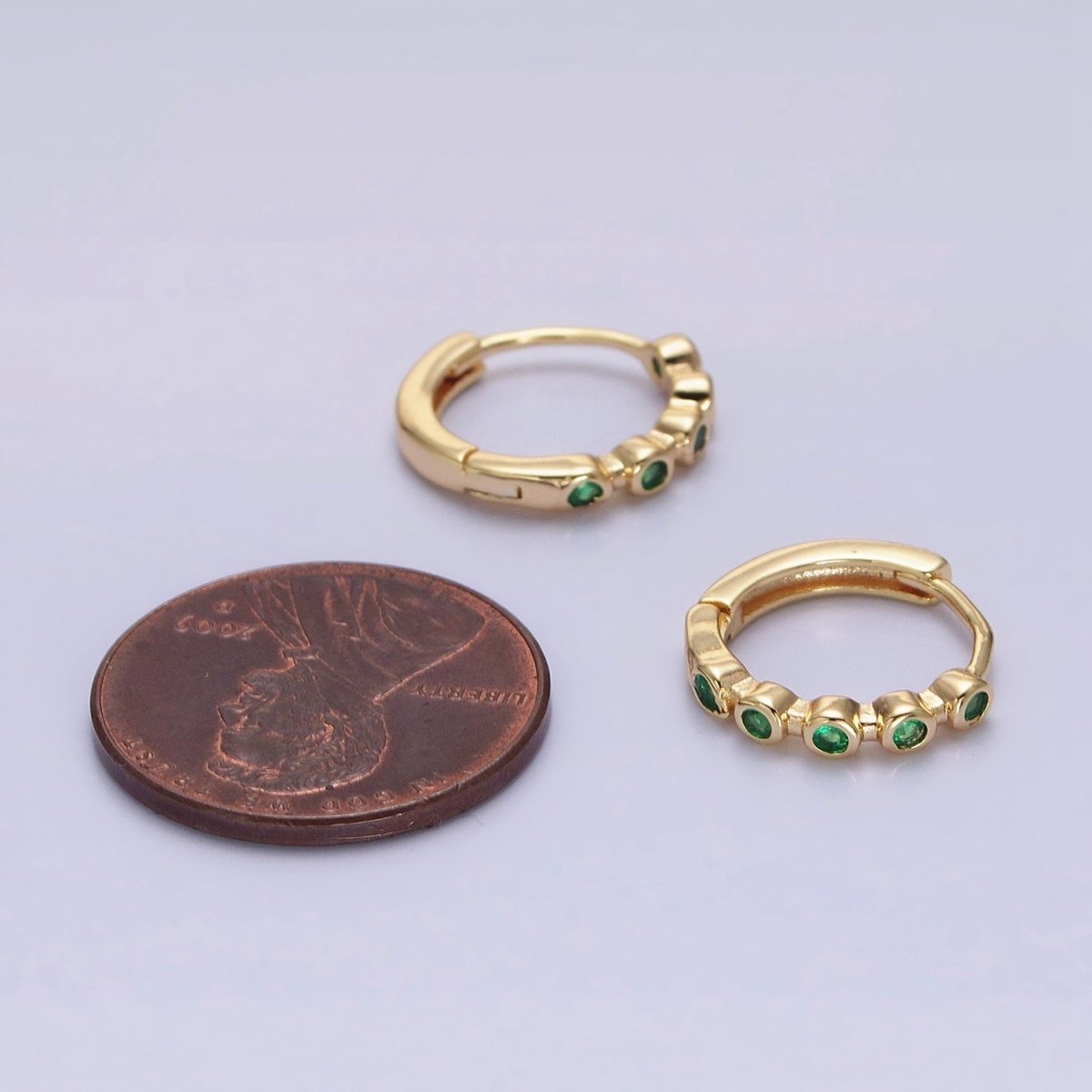 16K Gold Filled Round Green CZ Lined 12.5mm Huggie Earrings in Gold & Silver | AB1445 AB1446