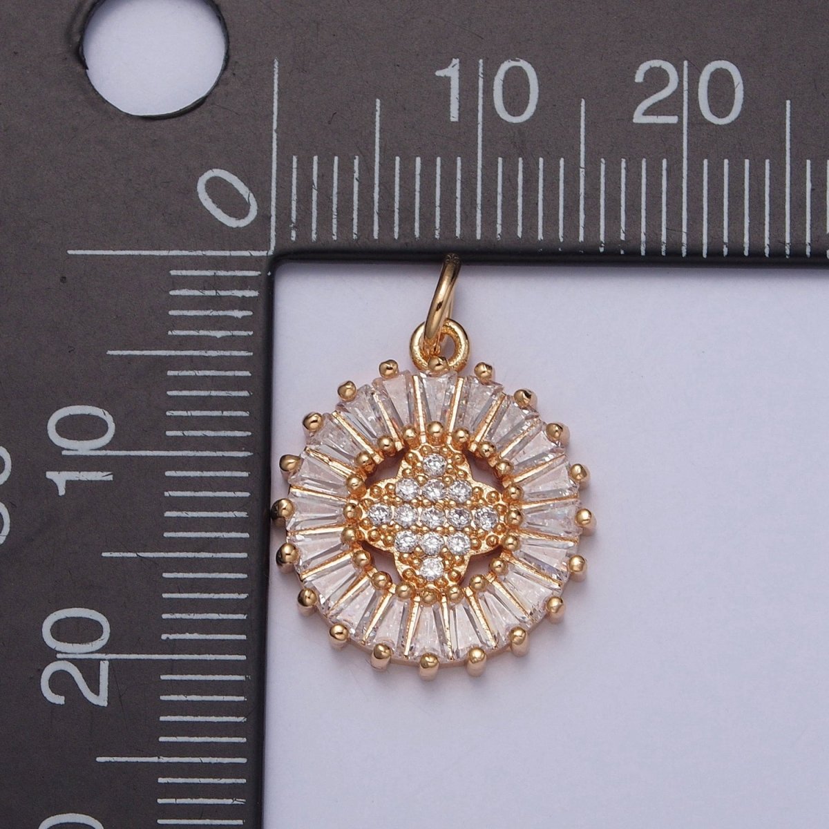 16K Gold Filled Round Quatrefoil Baguette Micro Paved Cubic Zirconia Charm For DIY Jewelry Making | X-236 - DLUXCA