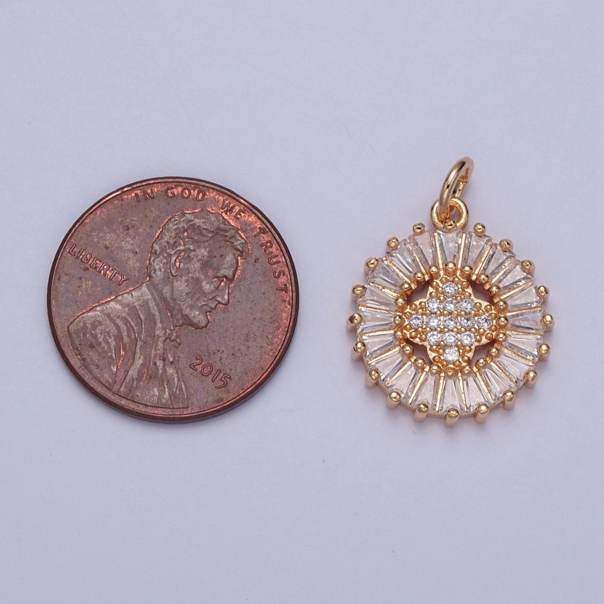 16K Gold Filled Round Quatrefoil Baguette Micro Paved Cubic Zirconia Charm For DIY Jewelry Making | X-236 - DLUXCA