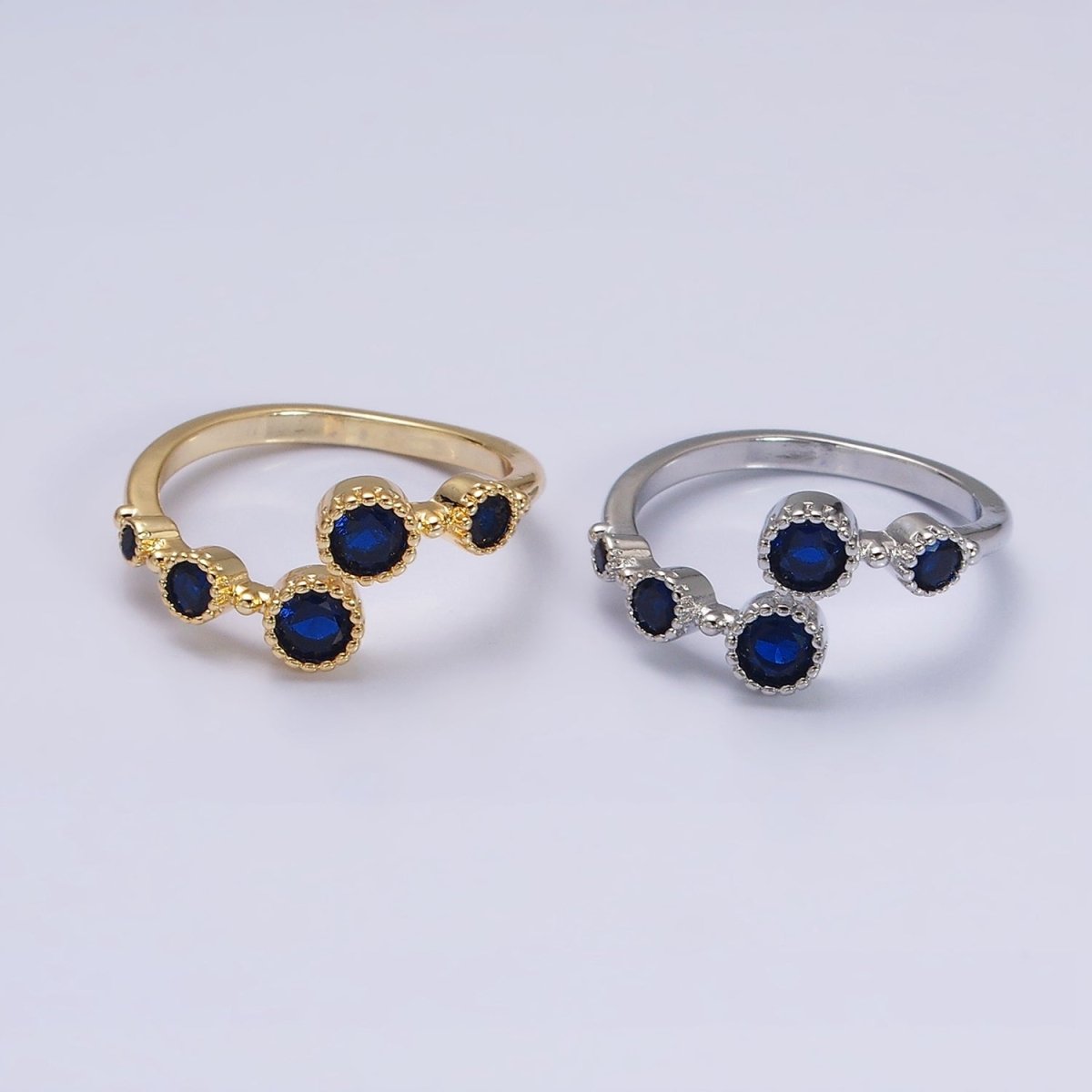 16K Gold Filled Round Sapphire Blue CZ Open Adjustable Ring in Gold & Silver | O-1601 O-1602