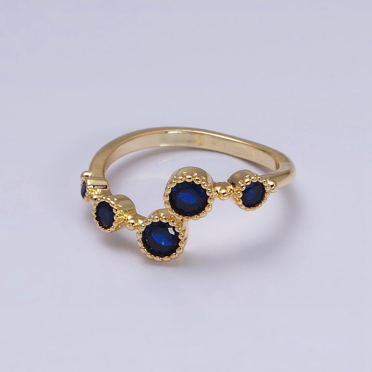 16K Gold Filled Round Sapphire Blue CZ Open Adjustable Ring in Gold & Silver | O-1601 O-1602