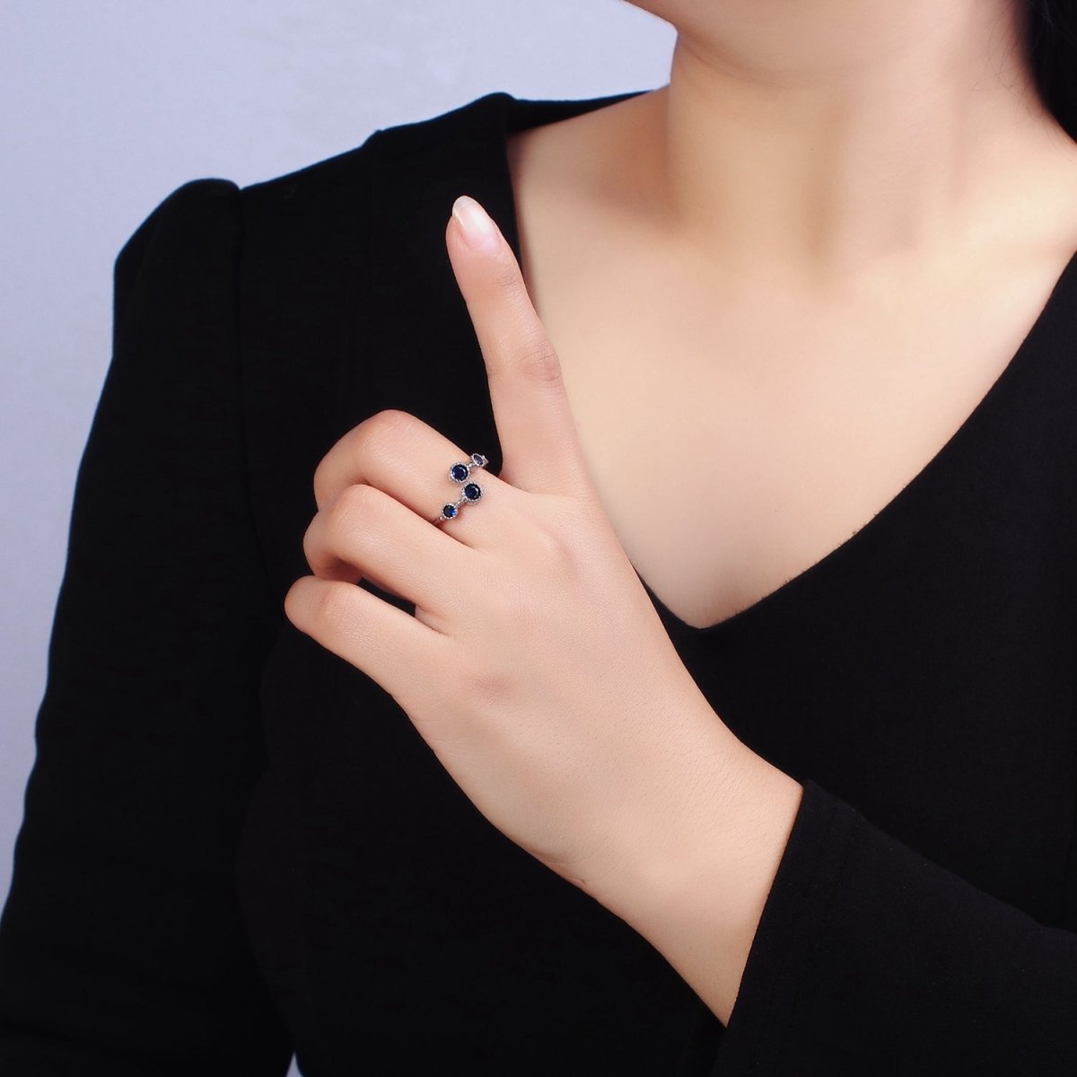 16K Gold Filled Round Sapphire Blue CZ Open Adjustable Ring in Gold & Silver | O-1601 O-1602