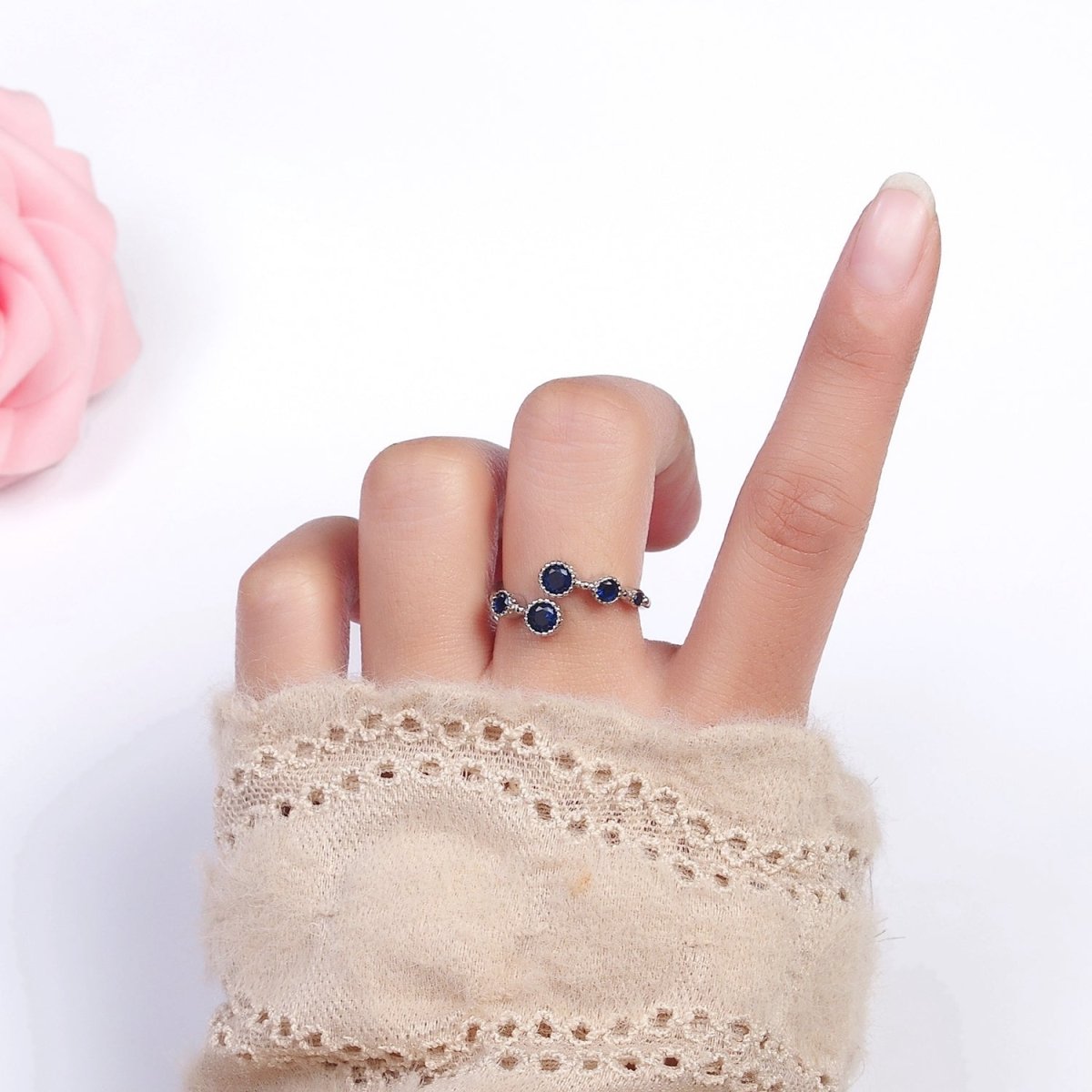 16K Gold Filled Round Sapphire Blue CZ Open Adjustable Ring in Gold & Silver | O-1601 O-1602