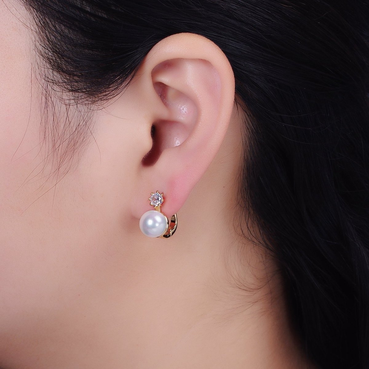 16K Gold Filled Round White, Black Pearl Clear CZ English Lock Earrings in Gold & Silver | AD1271 AD1272