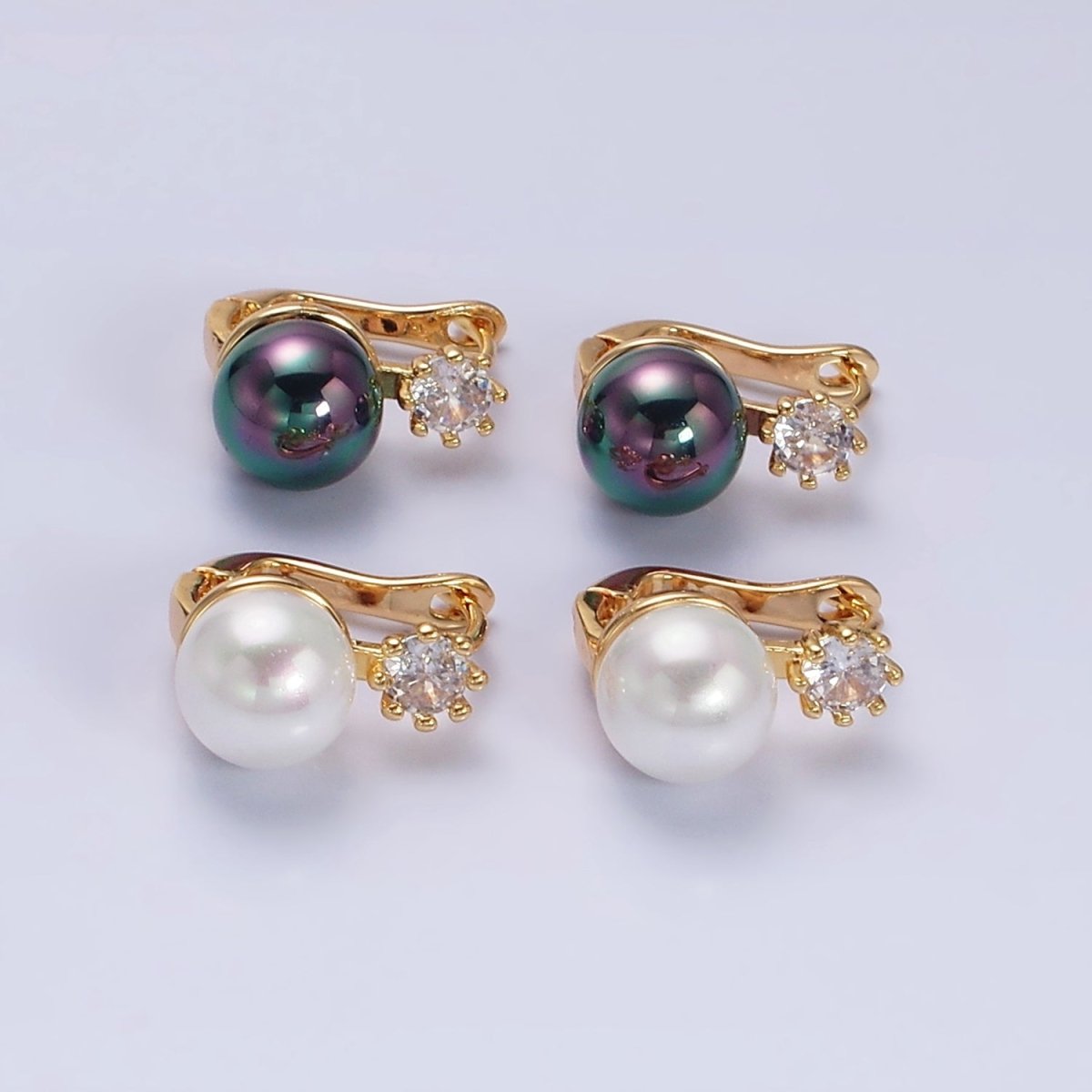 16K Gold Filled Round White, Black Pearl Clear CZ English Lock Earrings in Gold & Silver | AD1271 AD1272