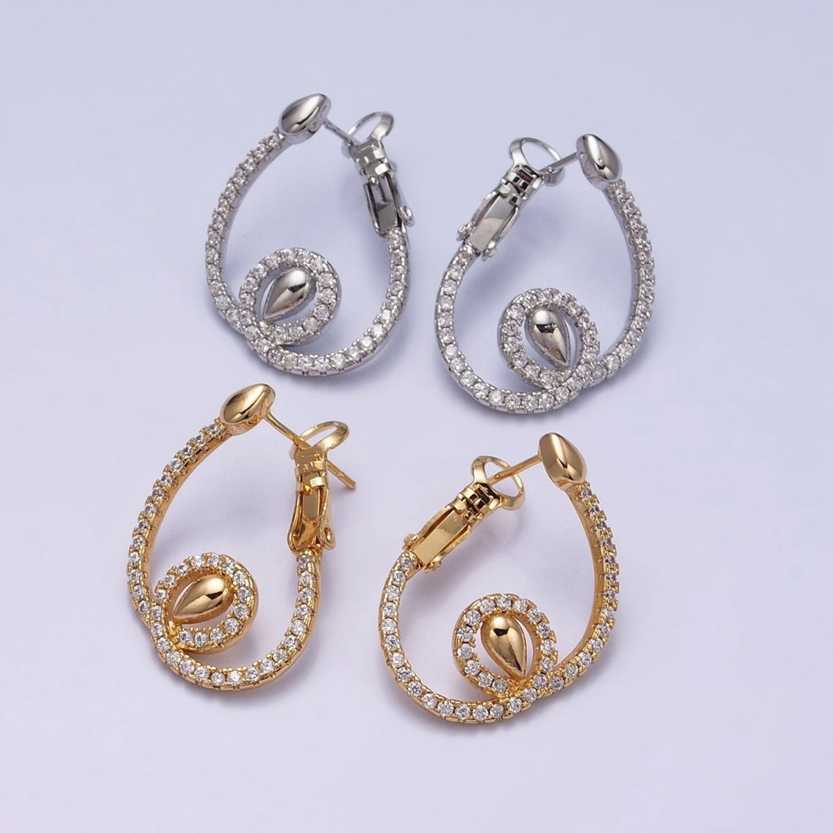 16K Gold Filled Rounded Swirl Micro Paved CZ Front-Facing Hinge Earring in Gold & Silver | AD903 AD904