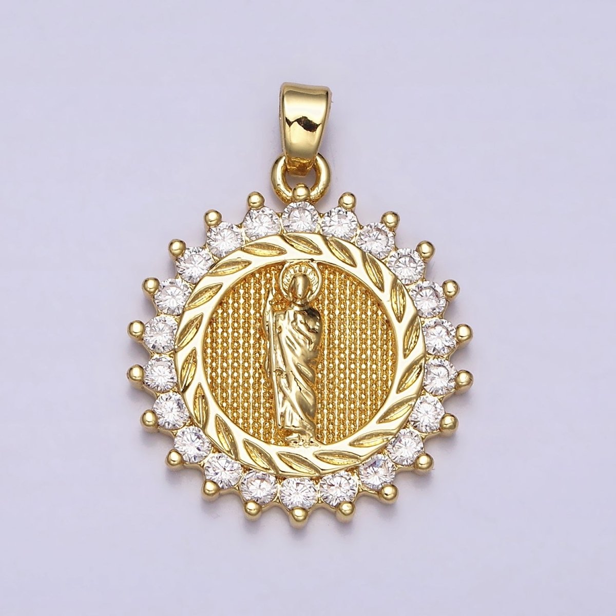 16K Gold Filled Saint St. Jude Textured Leaf Lined Clear CZ Round Pendant in Gold & Silver | AA477 AA478