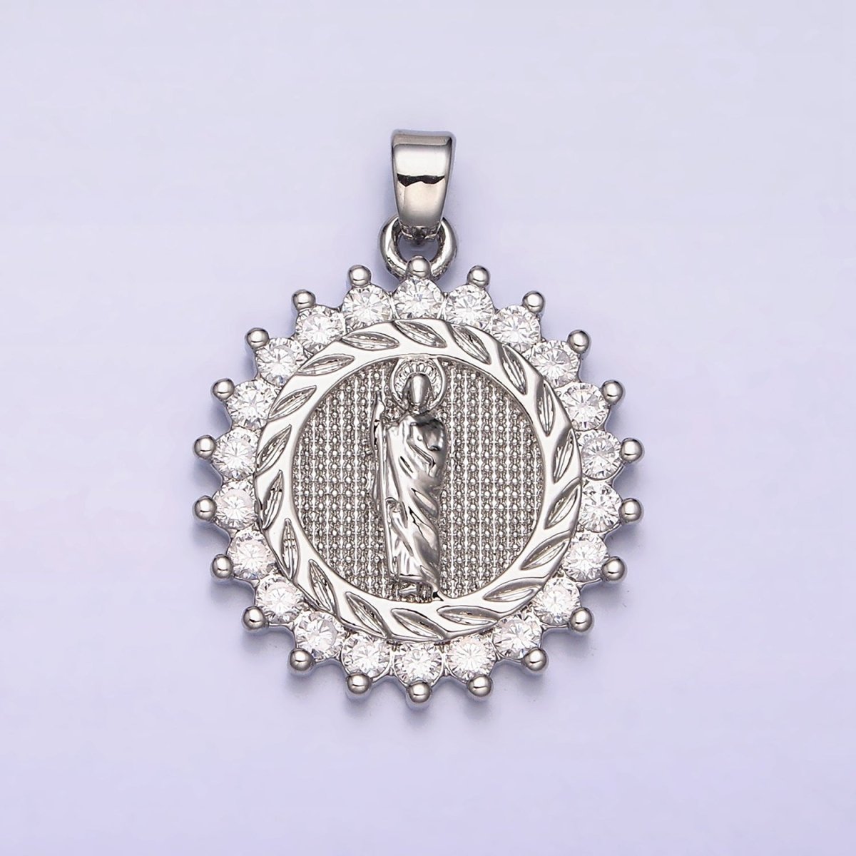 16K Gold Filled Saint St. Jude Textured Leaf Lined Clear CZ Round Pendant in Gold & Silver | AA477 AA478