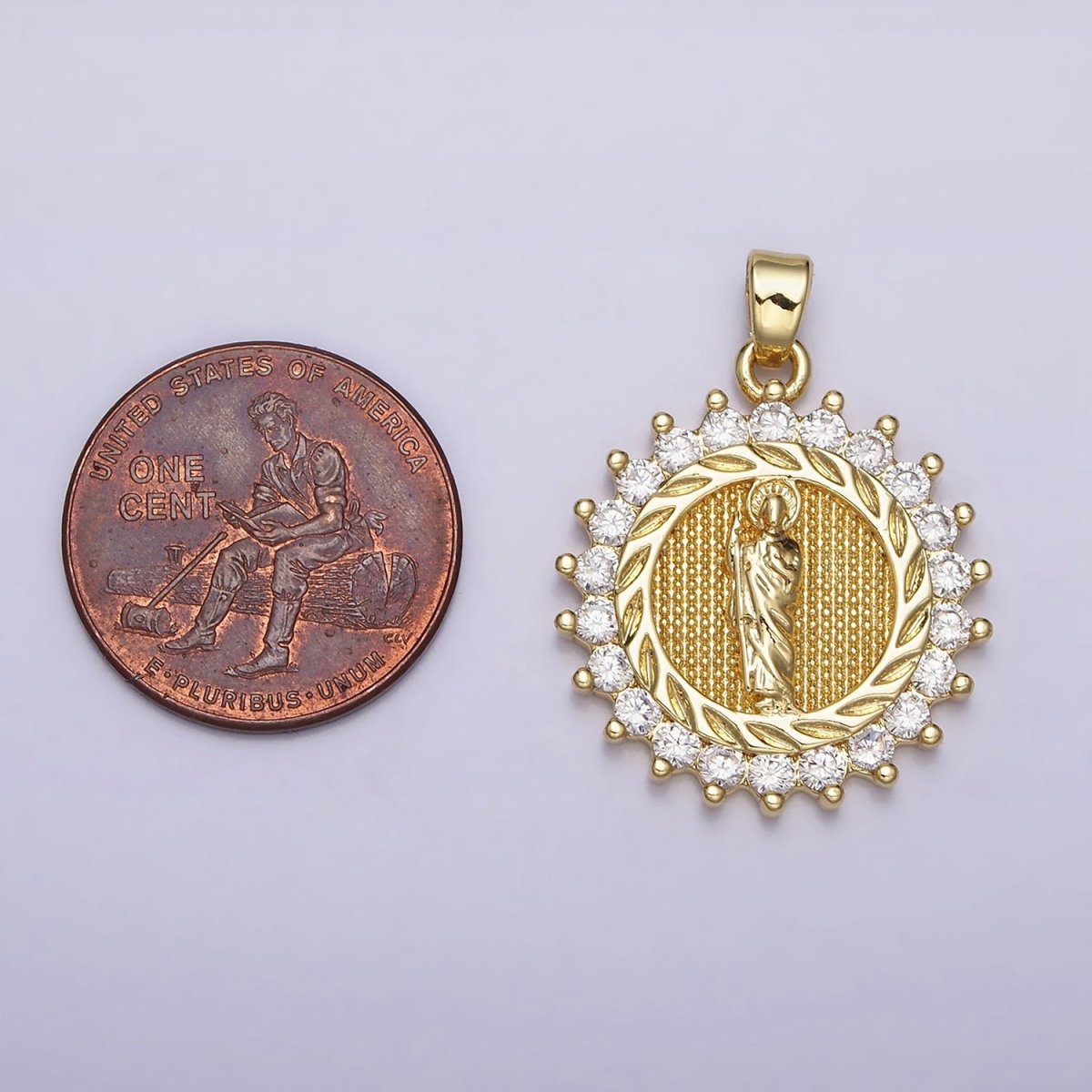 16K Gold Filled Saint St. Jude Textured Leaf Lined Clear CZ Round Pendant in Gold & Silver | AA477 AA478