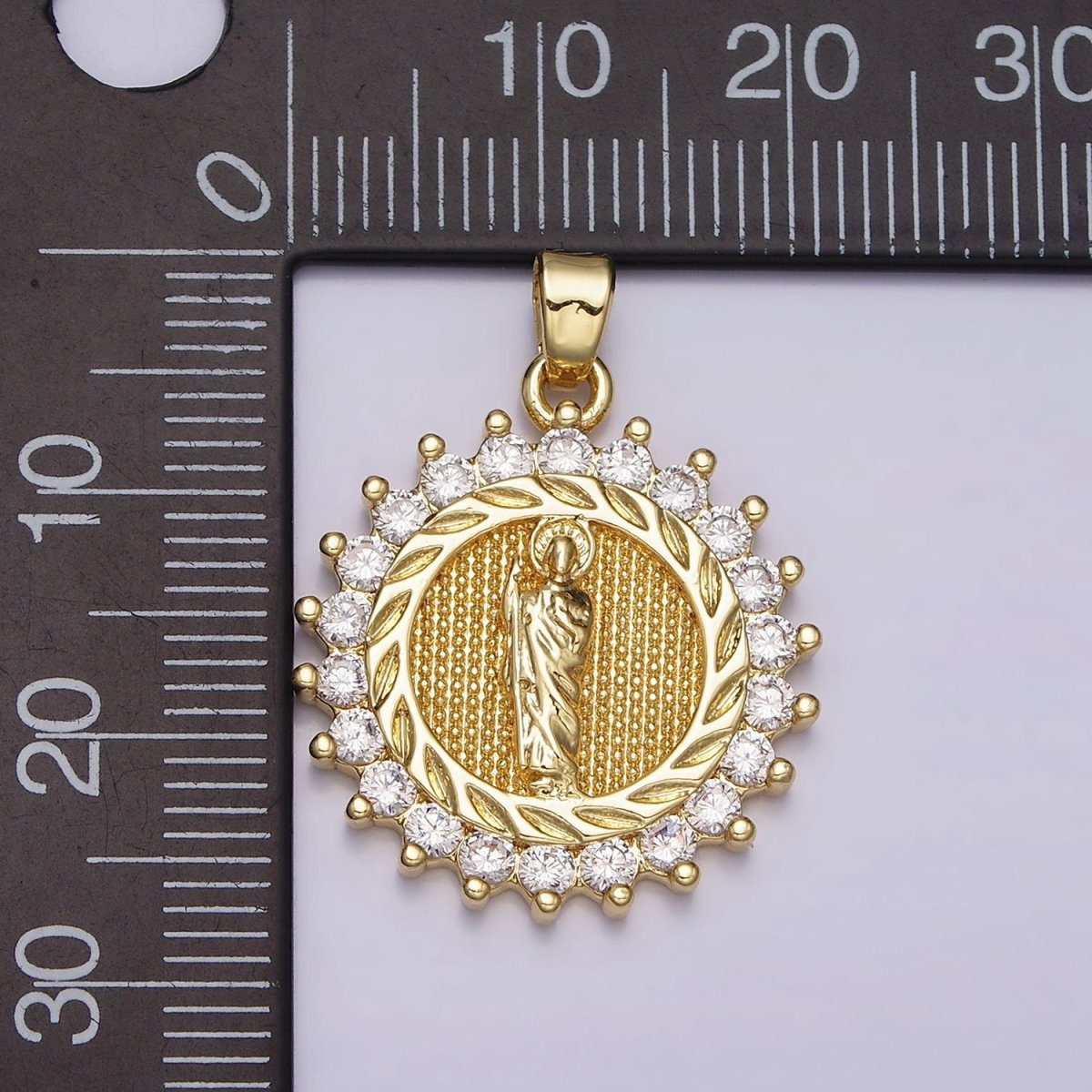 16K Gold Filled Saint St. Jude Textured Leaf Lined Clear CZ Round Pendant in Gold & Silver | AA477 AA478