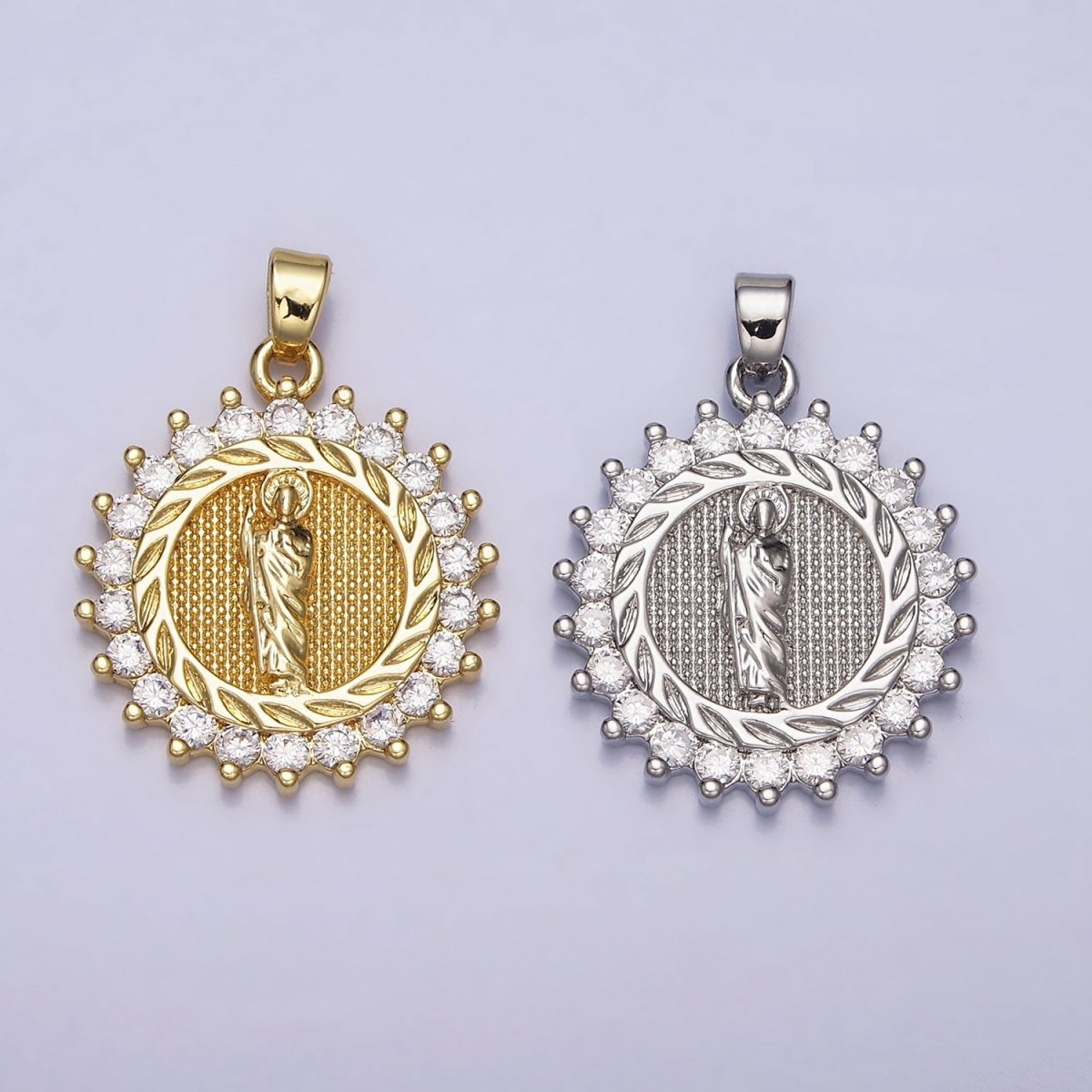 16K Gold Filled Saint St. Jude Textured Leaf Lined Clear CZ Round Pendant in Gold & Silver | AA477 AA478