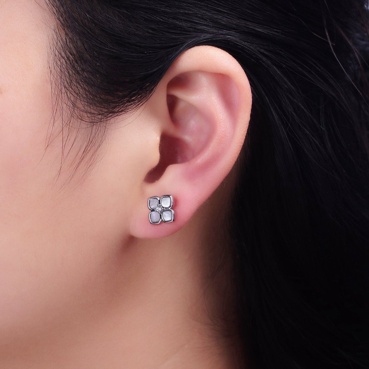 16K Gold Filled Shell Pearl Flower Quatrefoil Stud Earring in Gold & Silver | AD1554 AD1555