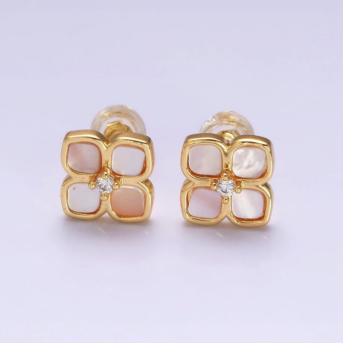 16K Gold Filled Shell Pearl Flower Quatrefoil Stud Earring in Gold & Silver | AD1554 AD1555
