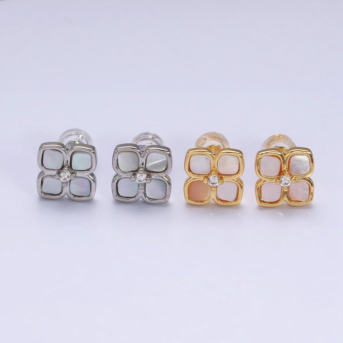 16K Gold Filled Shell Pearl Flower Quatrefoil Stud Earring in Gold & Silver | AD1554 AD1555