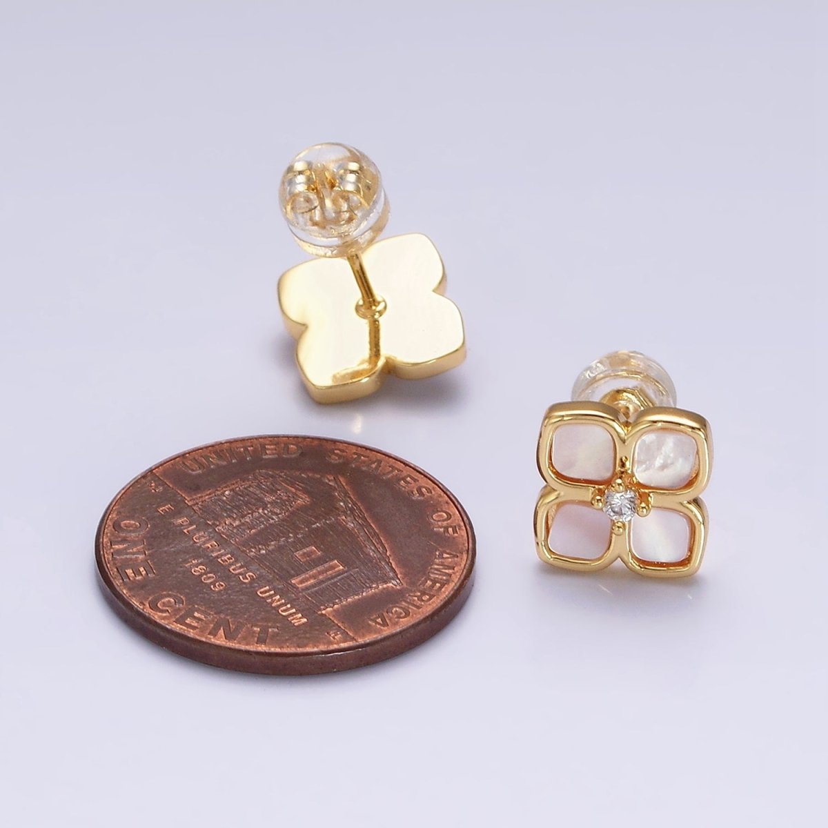 16K Gold Filled Shell Pearl Flower Quatrefoil Stud Earring in Gold & Silver | AD1554 AD1555