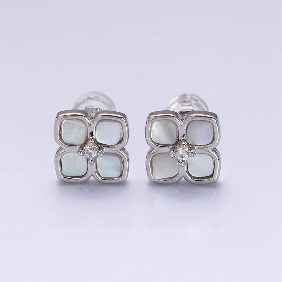 16K Gold Filled Shell Pearl Flower Quatrefoil Stud Earring in Gold & Silver | AD1554 AD1555