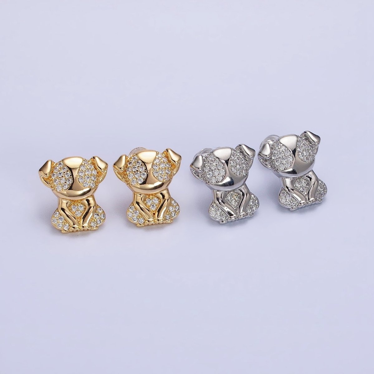 16K Gold Filled Sitting Puppy Dog Micro Paved CZ Stud Earrings in Gold & Silver | AB631 AB632