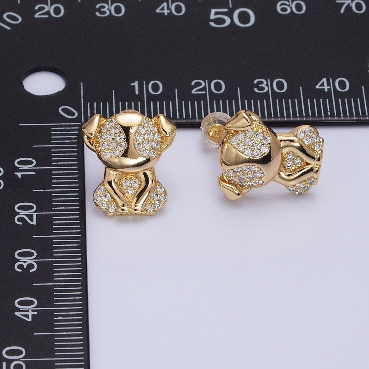 16K Gold Filled Sitting Puppy Dog Micro Paved CZ Stud Earrings in Gold & Silver | AB631 AB632