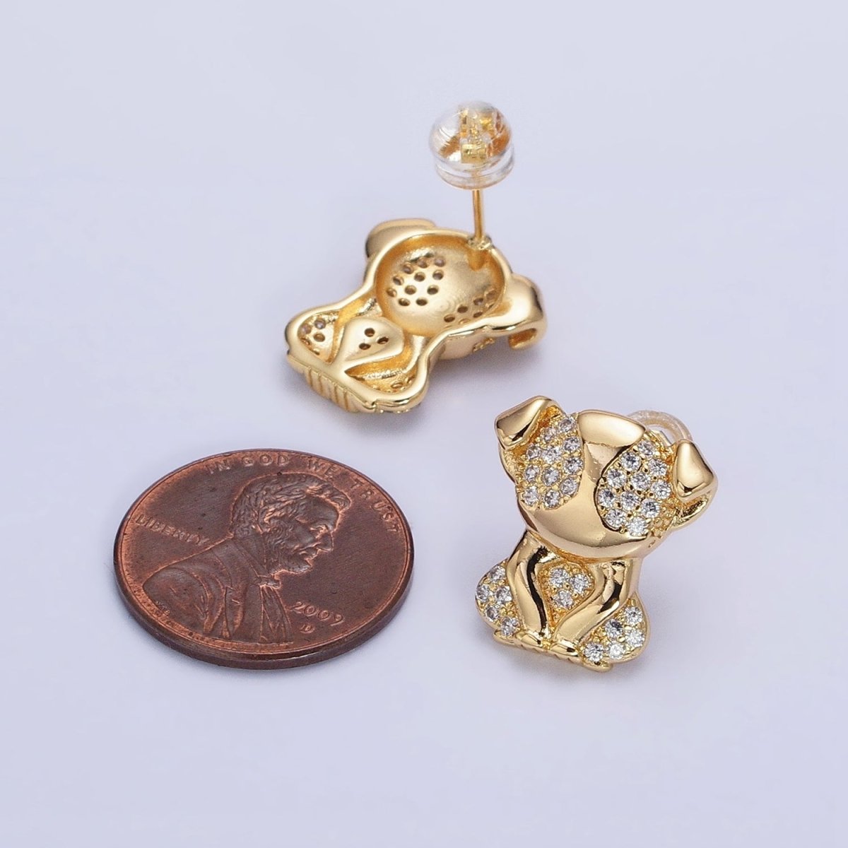 16K Gold Filled Sitting Puppy Dog Micro Paved CZ Stud Earrings in Gold & Silver | AB631 AB632
