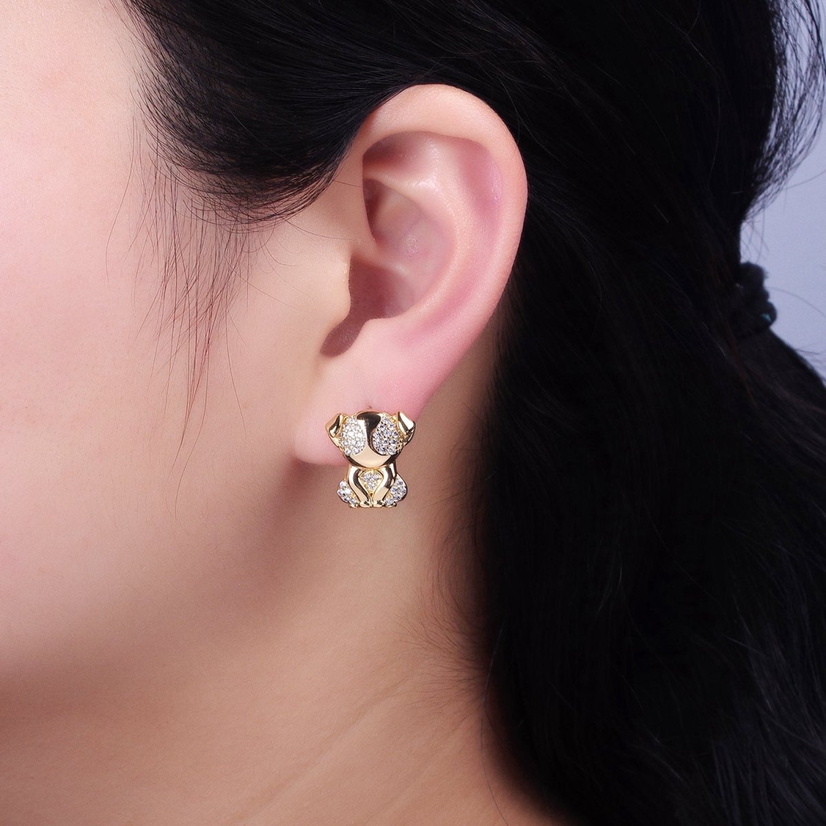 16K Gold Filled Sitting Puppy Dog Micro Paved CZ Stud Earrings in Gold & Silver | AB631 AB632