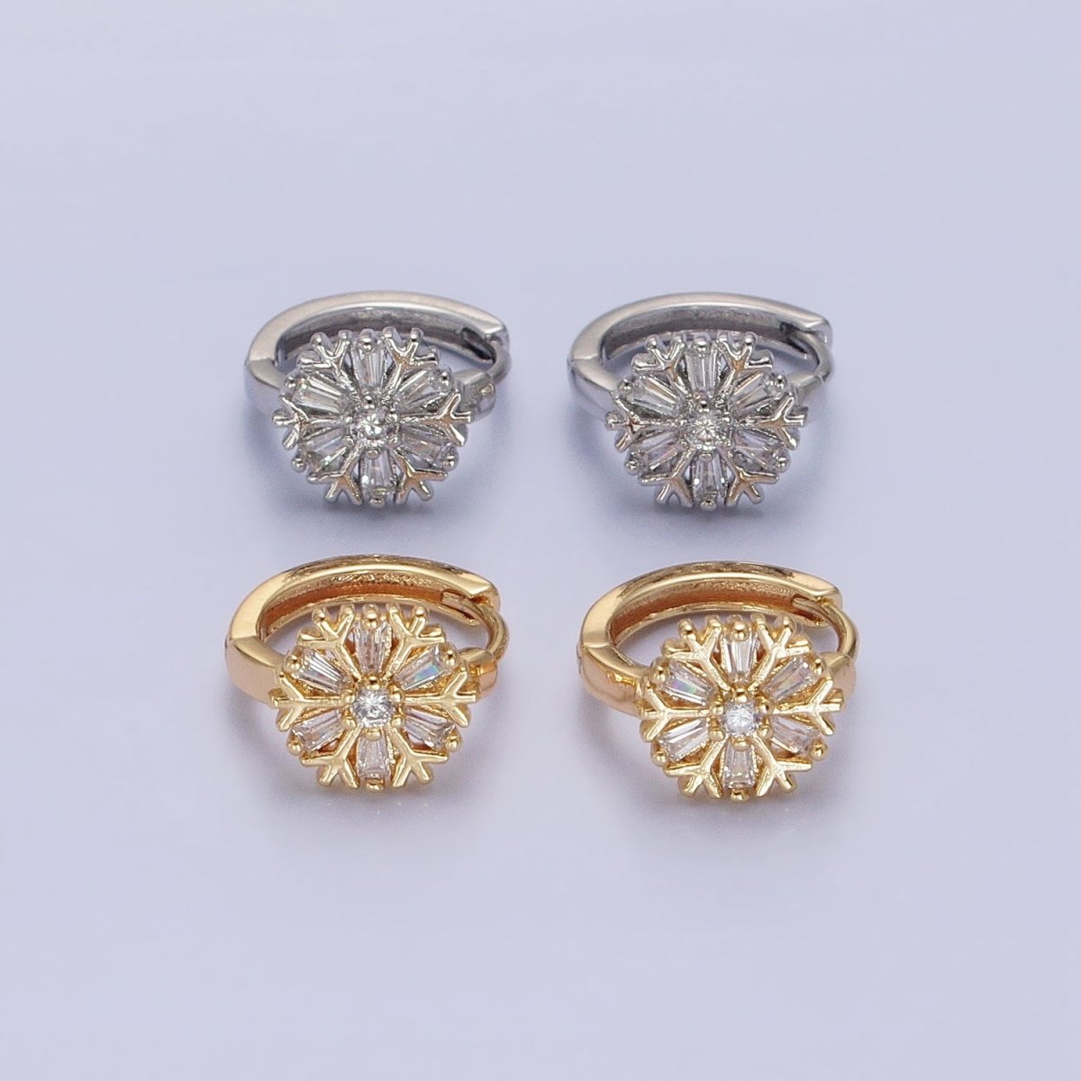 16K Gold Filled Snowflake Baguette CZ Huggie Earrings in Gold & Silver | AB1457 ABB1458