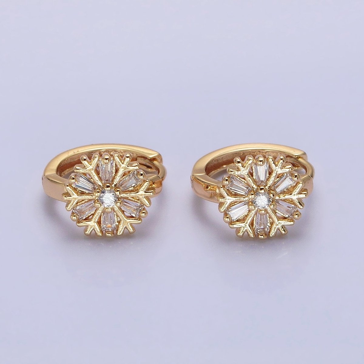 16K Gold Filled Snowflake Baguette CZ Huggie Earrings in Gold & Silver | AB1457 ABB1458