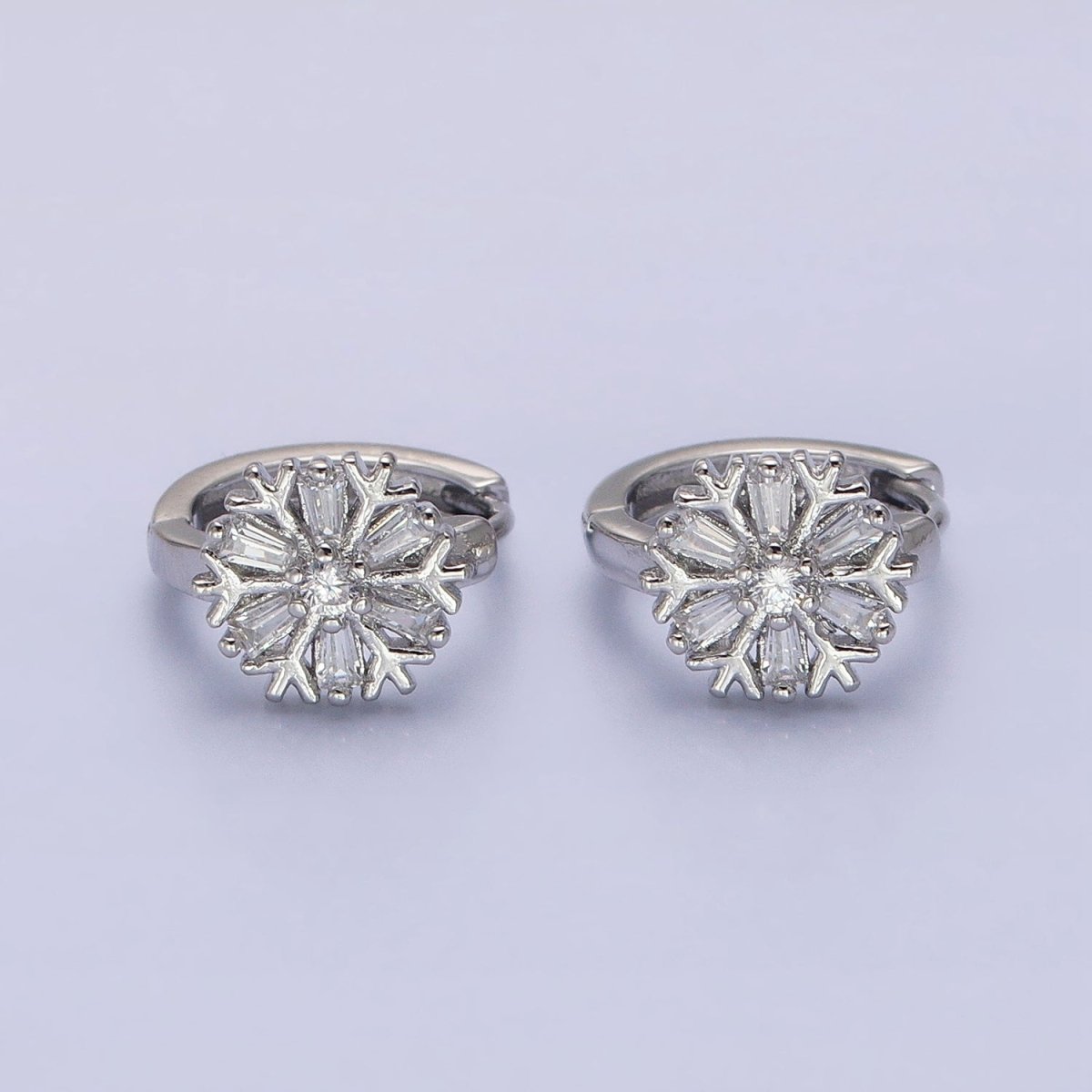 16K Gold Filled Snowflake Baguette CZ Huggie Earrings in Gold & Silver | AB1457 ABB1458