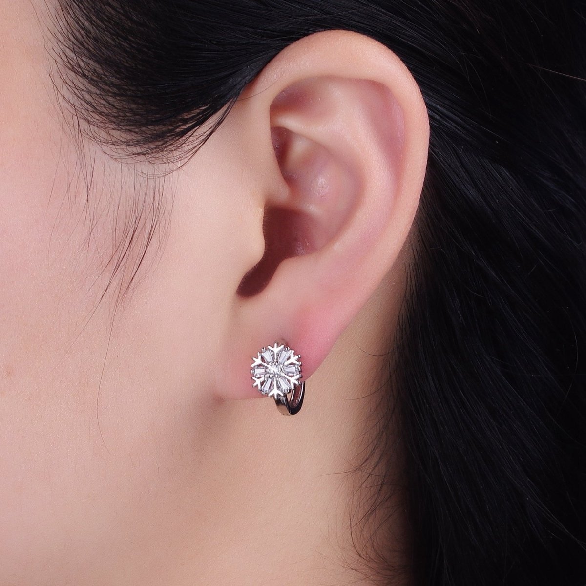 16K Gold Filled Snowflake Baguette CZ Huggie Earrings in Gold & Silver | AB1457 ABB1458