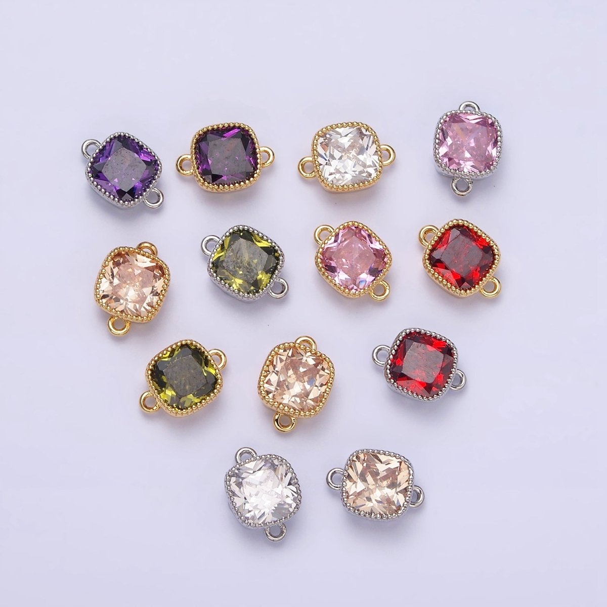 16K Gold Filled Square Clear, Pink, Red, Purple, Green, Peach CZ Connector in God & Silver | Y-896~Y-901