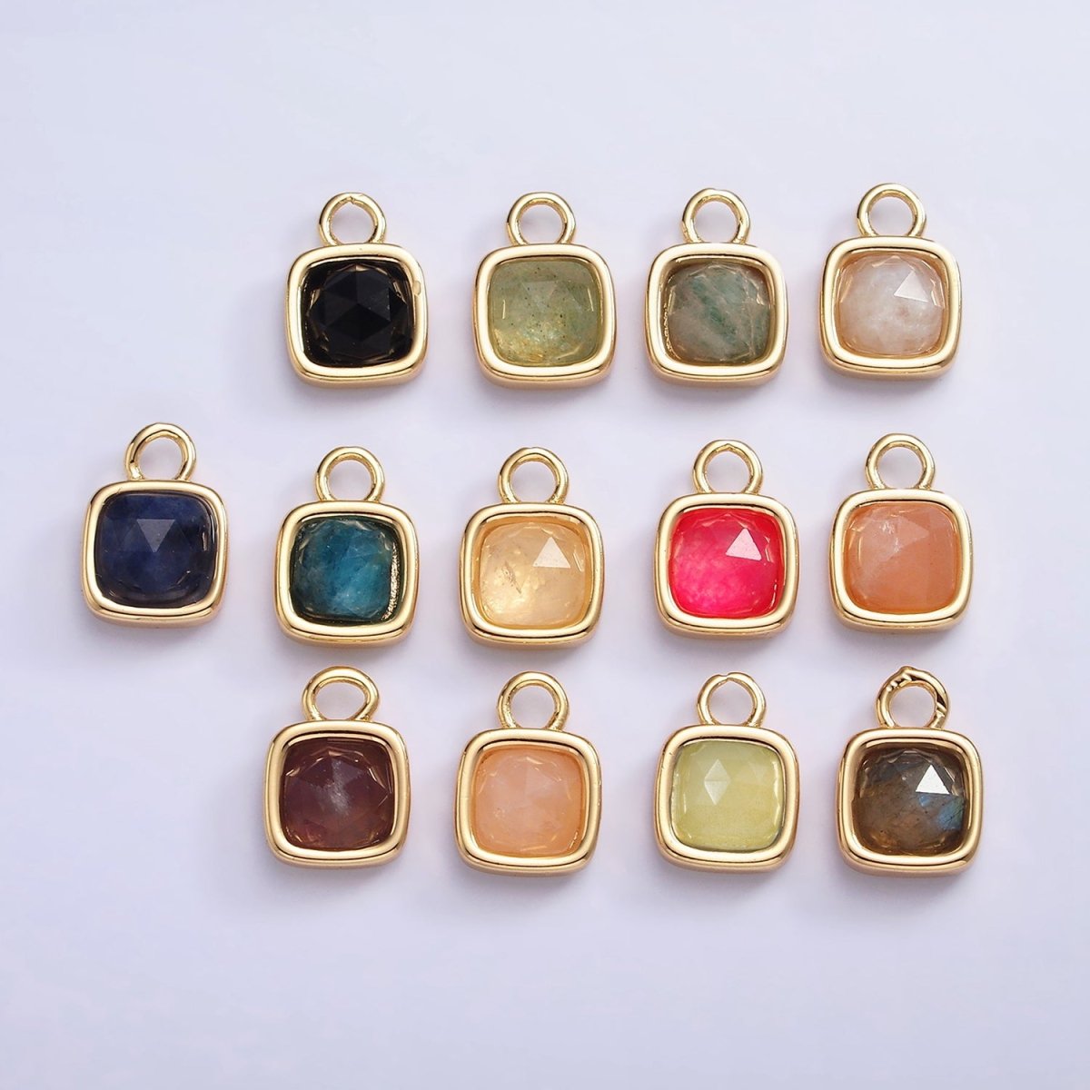 16K Gold Filled Square Multifaceted Natural Gemstone Personalized Add-On Charm | AC1466 - AC1478